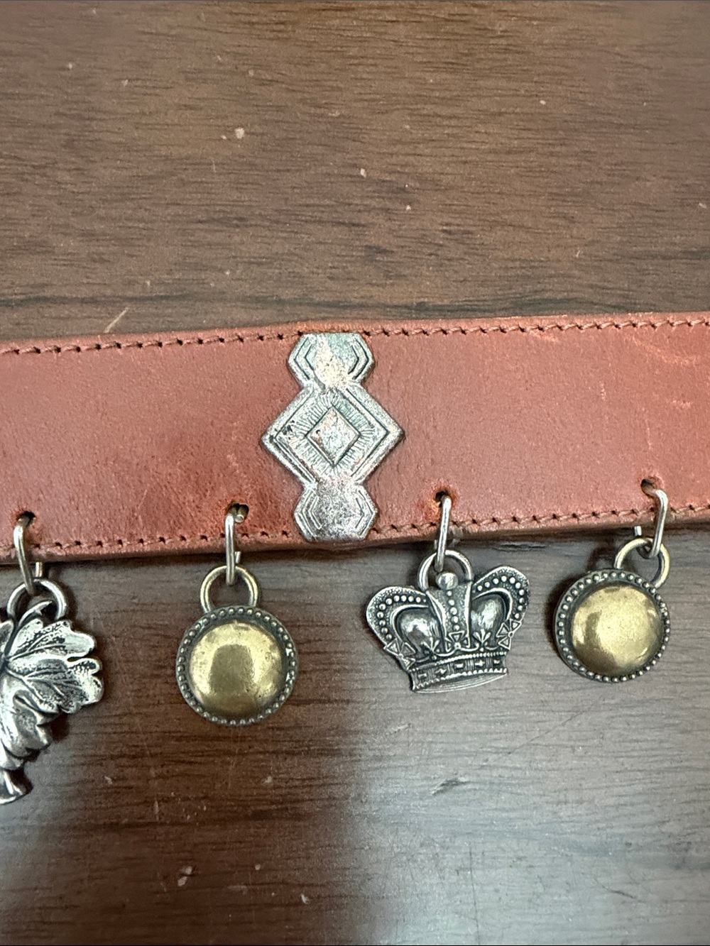 Vintage Brighton Leather Coin Heart Charm Fleur Belt with Engraved Silver Buckle